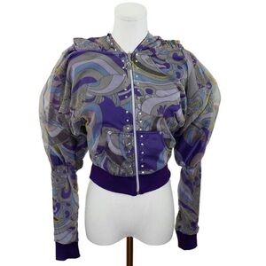 Y2K Apple Bottoms Psychedelic Sheer Cropped Zip-Up Hoodie with Rhinestones US M